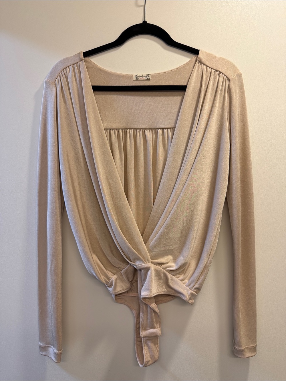 Free People Beige Tie-Front Long Sleeve Bodysuit